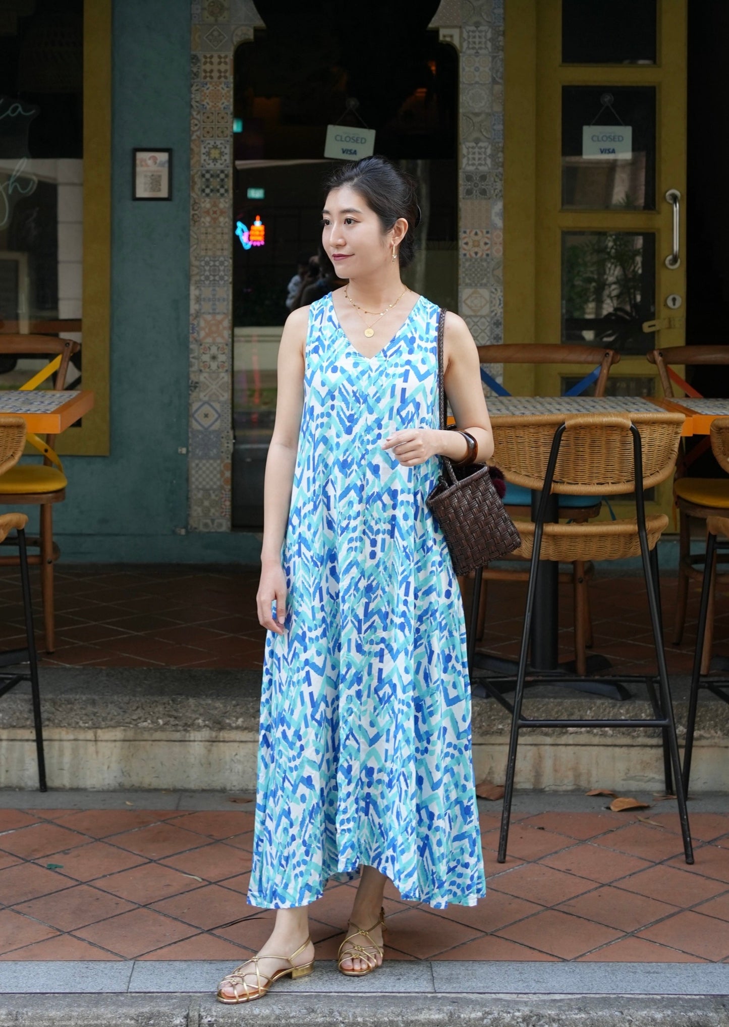 Anita V-Neck Dress Blue- Blue Boho