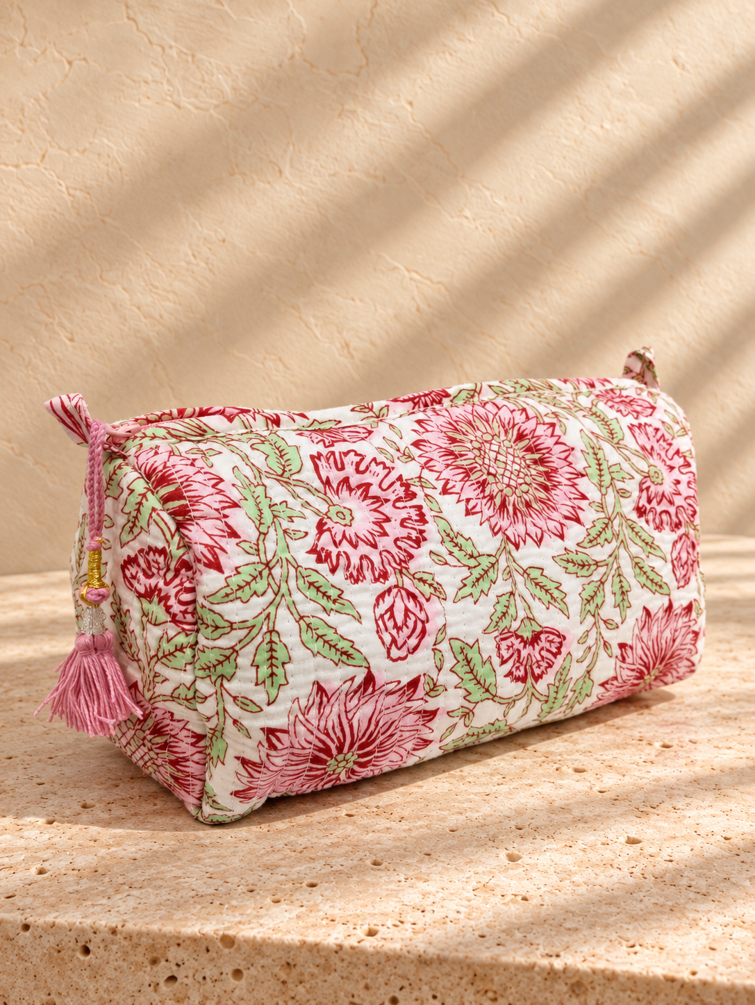 Handblock Pouch I Pink Floral