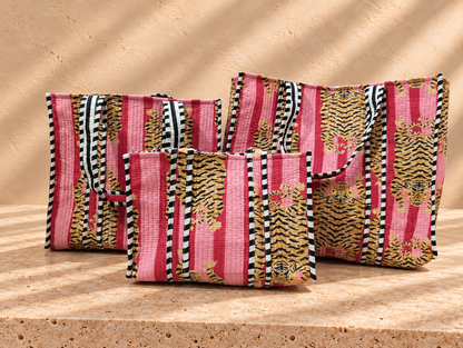 Handblock Tote Bag I Pink Tiger