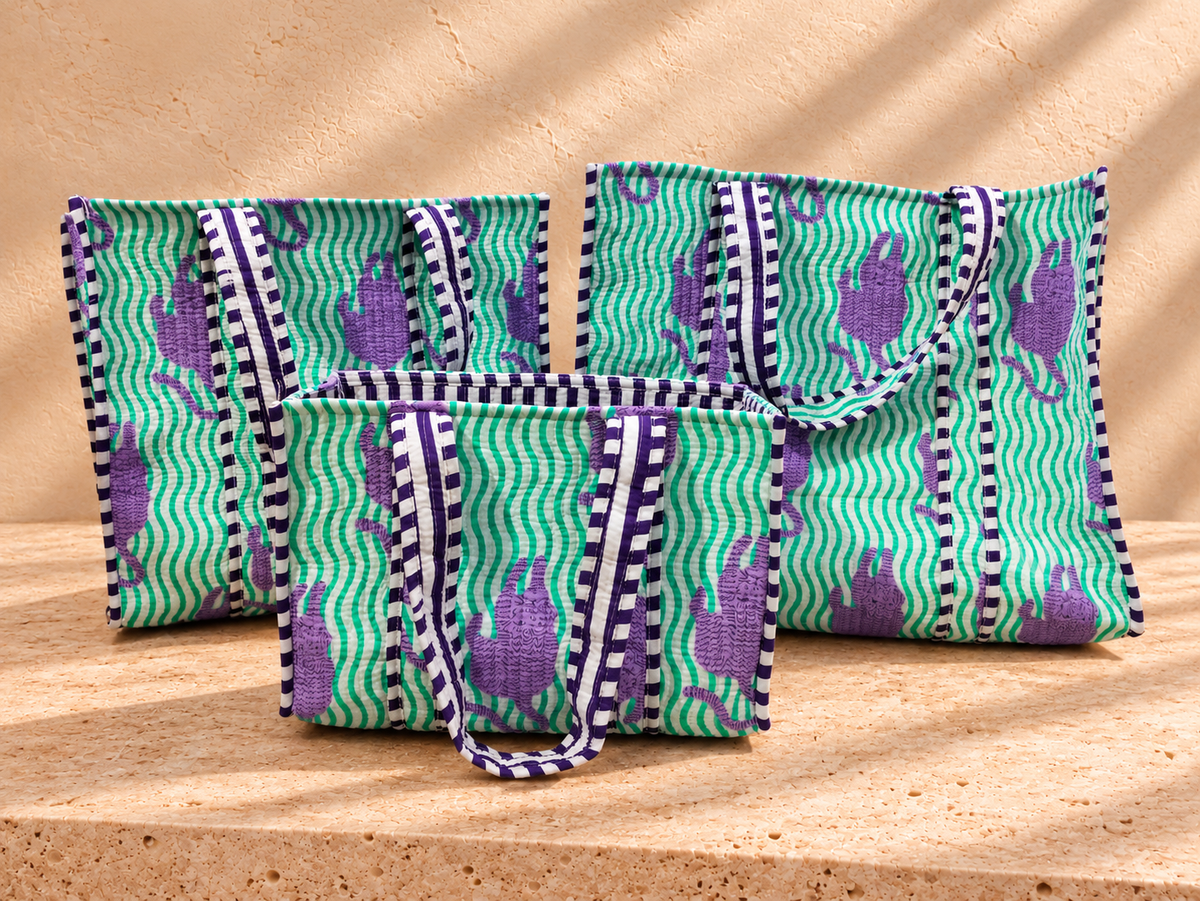 Handblock Tote Bag I Lilac Leopard