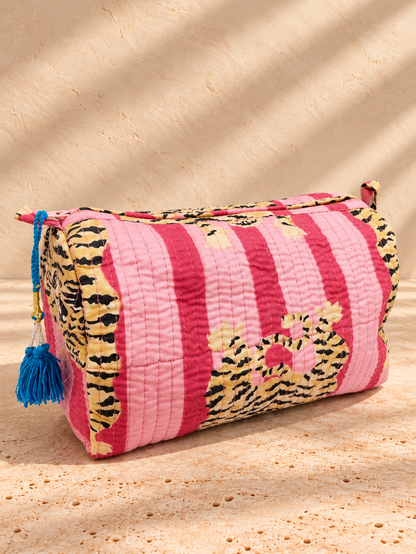 Handblock Pouch I Pink Stripe Tiger