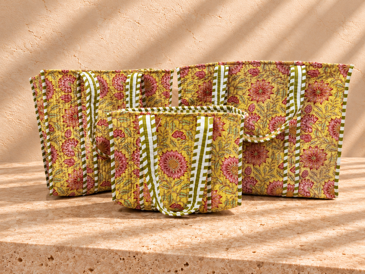 Handblock Tote Bag I Yellow Floral