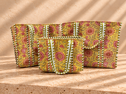 Handblock Tote Bag I Yellow Floral