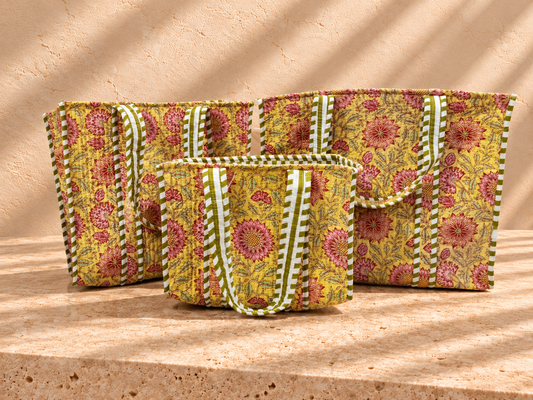 Handblock Tote Bag I Yellow Floral