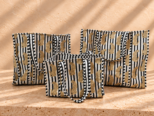 Handblock Tote Bag I Mono Leopard