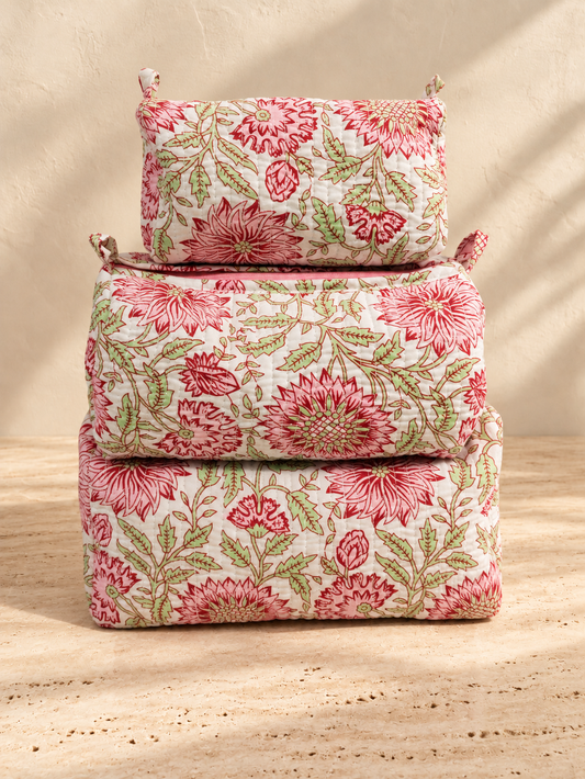 Handblock Pouch I Pink Floral