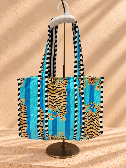 Handblock Tote Bag I Blue Tiger