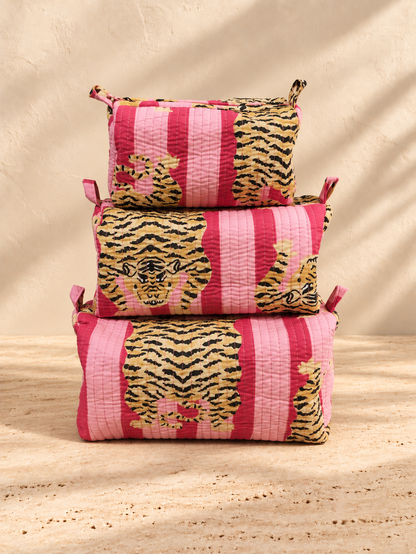 Handblock Pouch I Pink Stripe Tiger