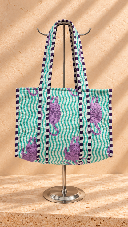 Handblock Tote Bag I Lilac Leopard