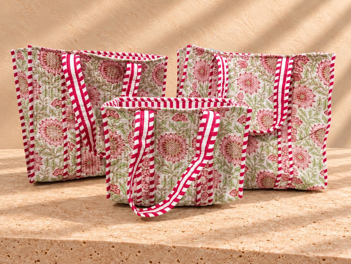Handblock Tote Bag I Pink Floral