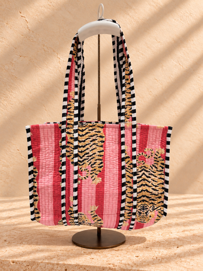 Handblock Tote Bag I Pink Tiger