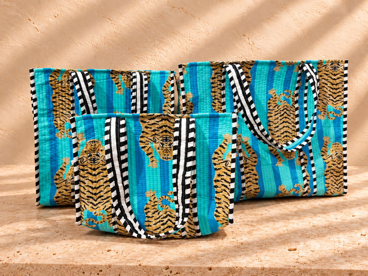 Handblock Tote Bag I Blue Tiger