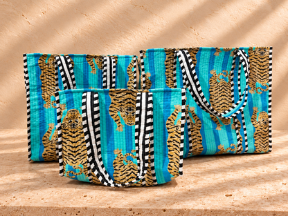 Handblock Tote Bag I Blue Tiger