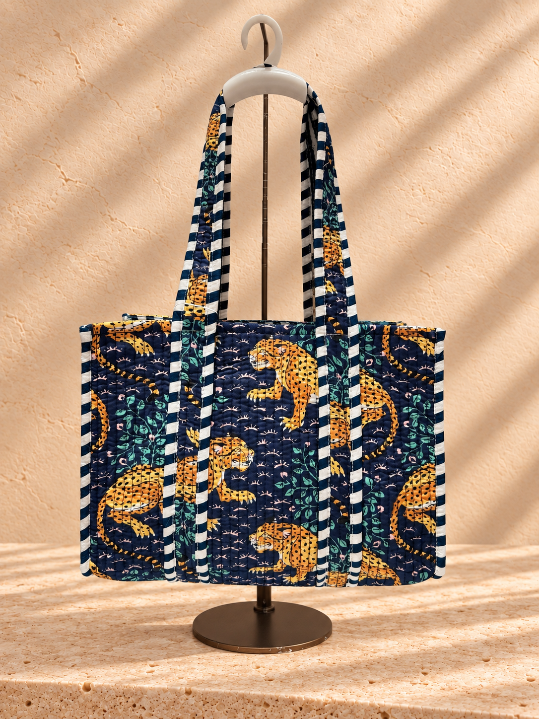 Handblock Tote Bag I Blue Leopard
