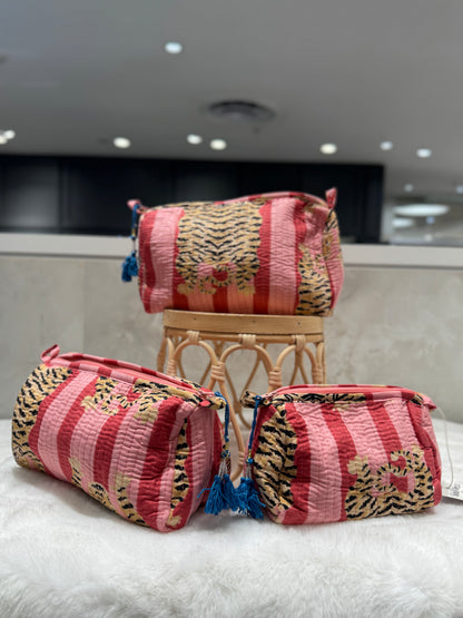Handblock Pouch I Pink Stripe Tiger