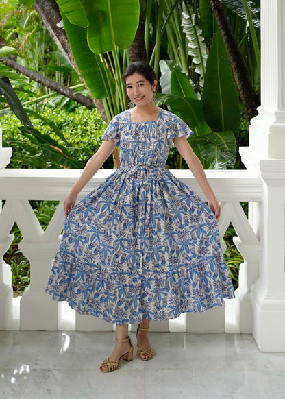 Amelia Pin Tuck Dress - Blue Garden