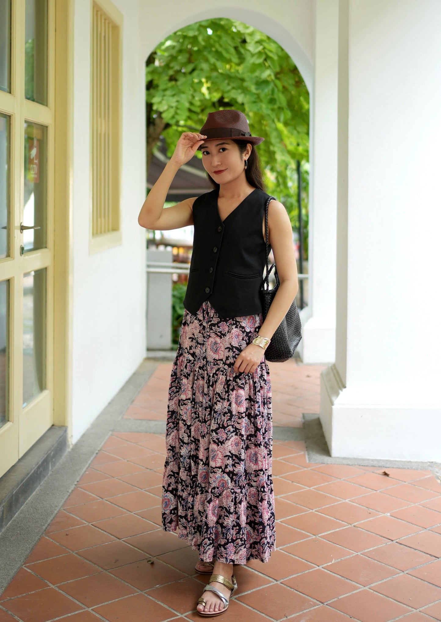 Ines Handblock Skirt - Black Pink Floral