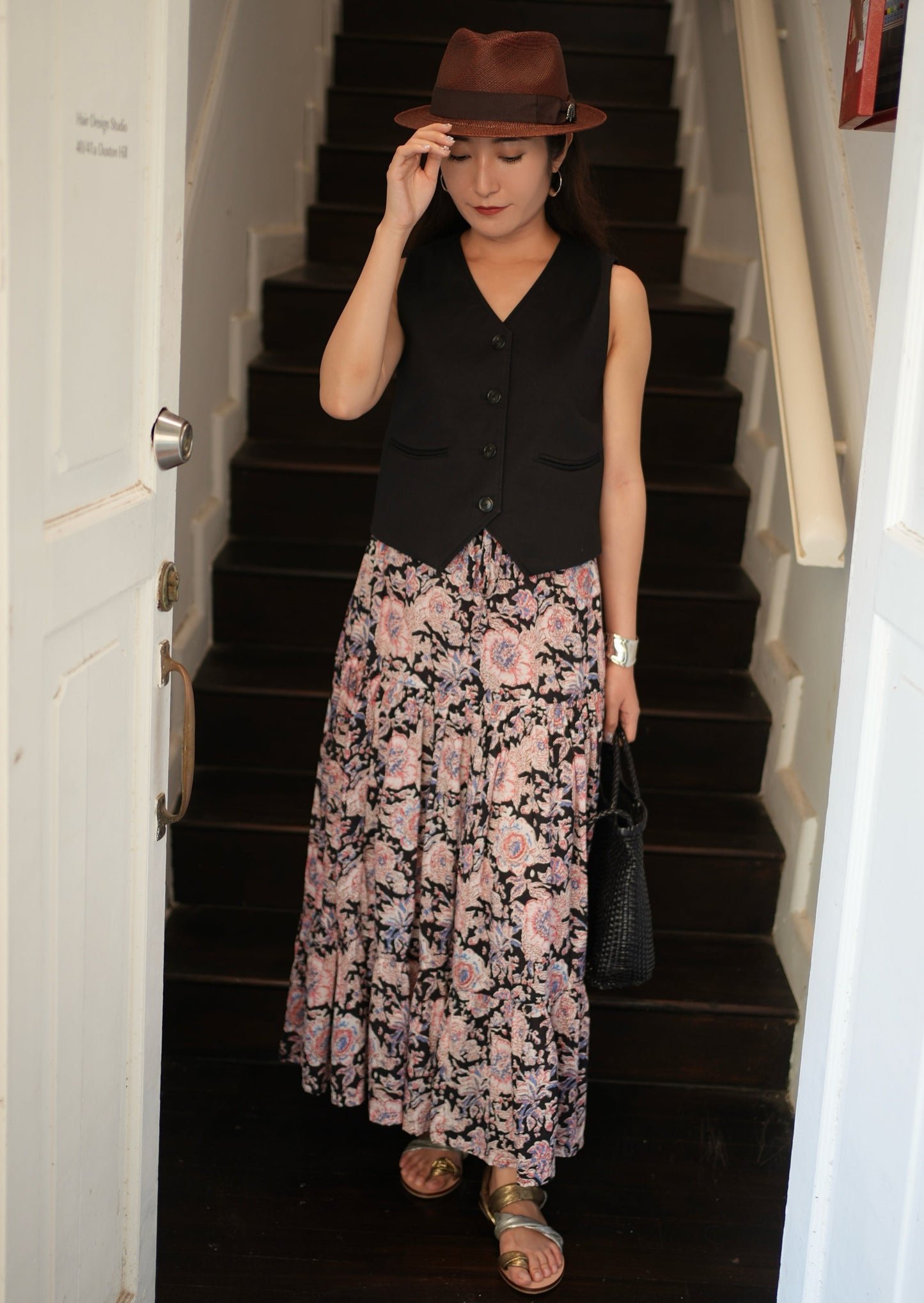 Ines Handblock Skirt - Black Pink Floral