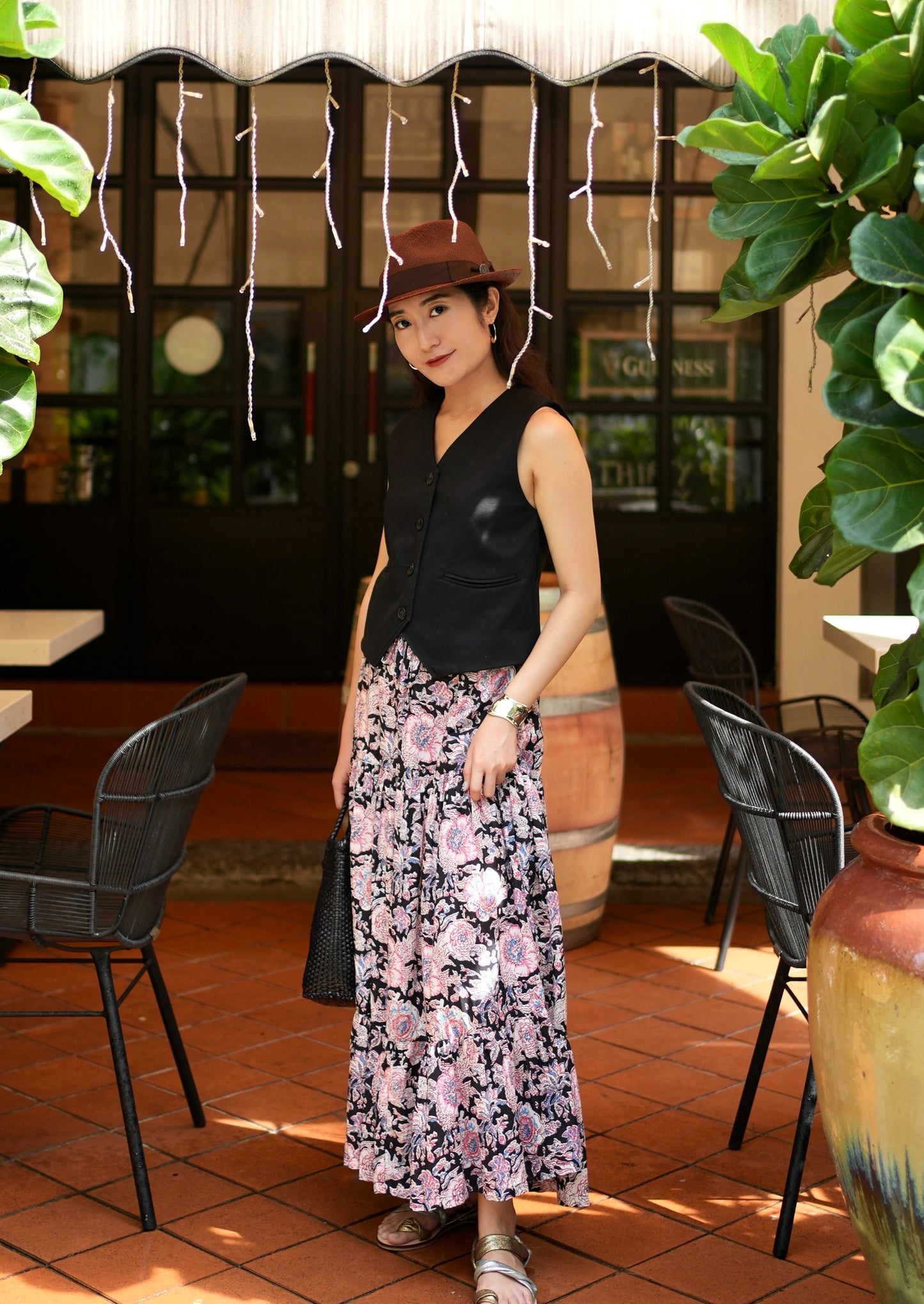 Ines Handblock Skirt - Black Pink Floral