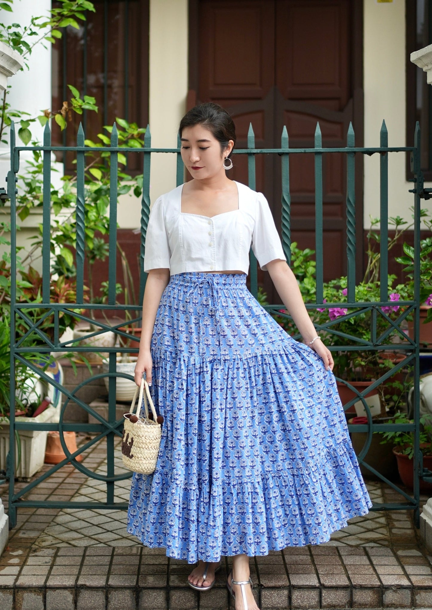 Ines Handblock Skirt - Blue Floral
