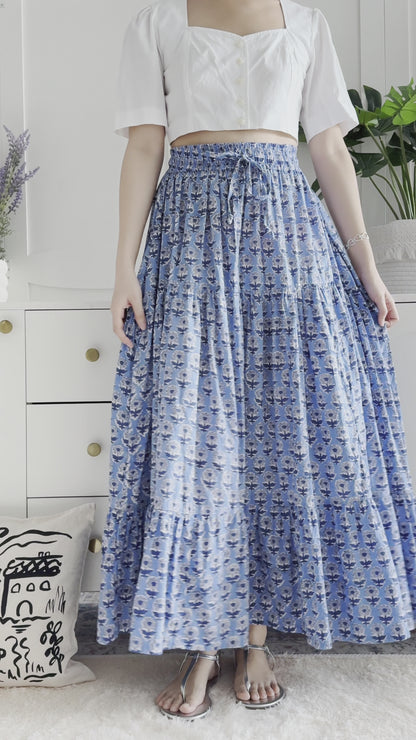 Ines Handblock Skirt - Blue Floral
