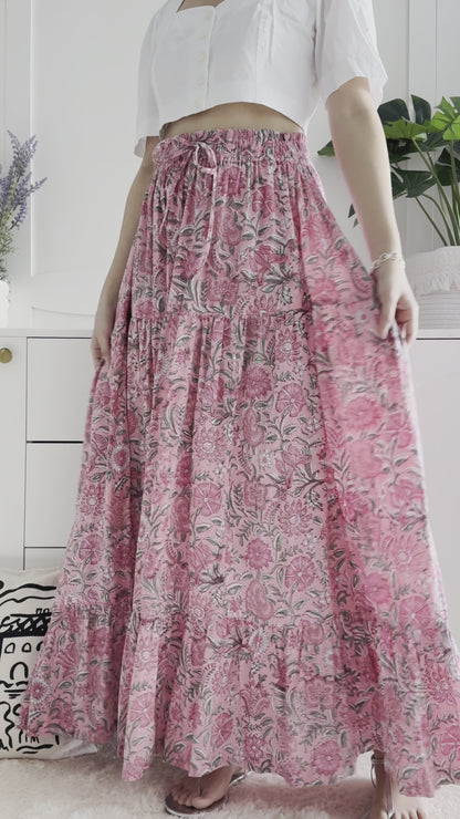 Ines Handblock Skirt - Pink Floral